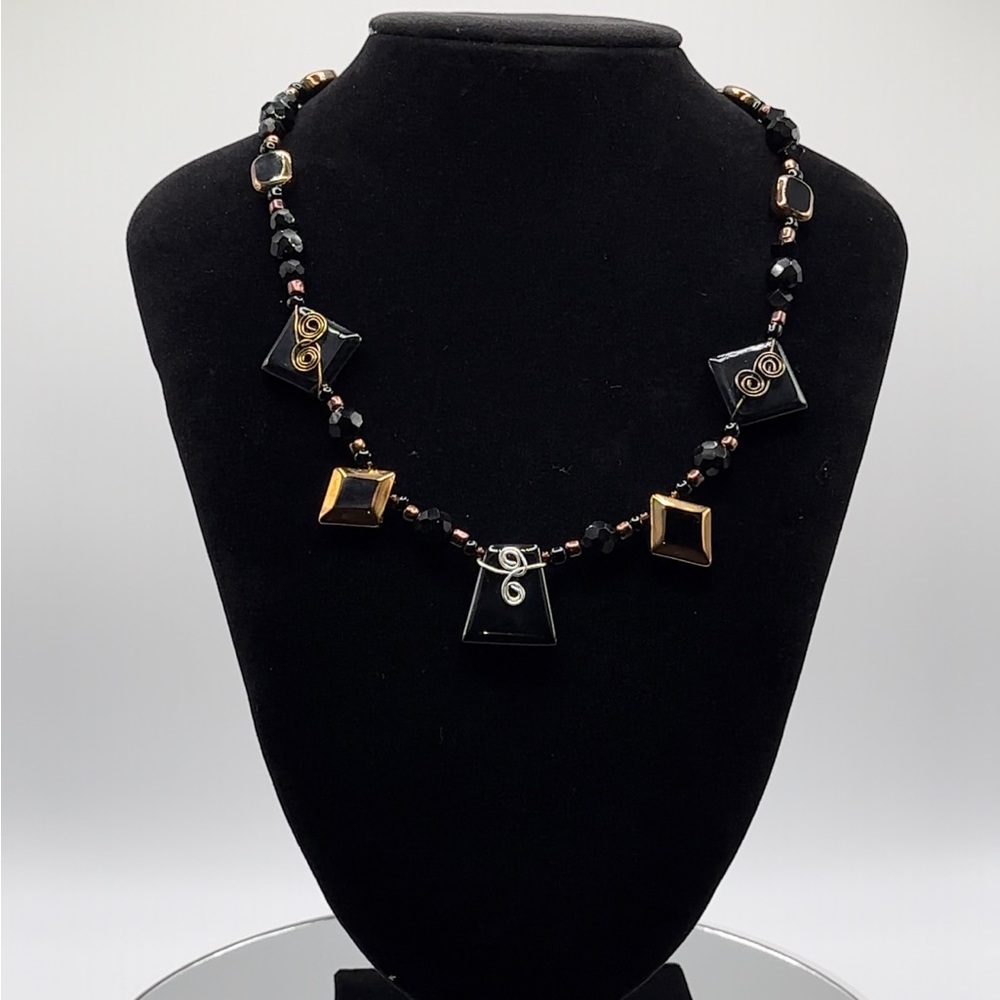 *RARE* Genuine Black Onyx Titanium Treated Austrian Crystal Beaded Necklace